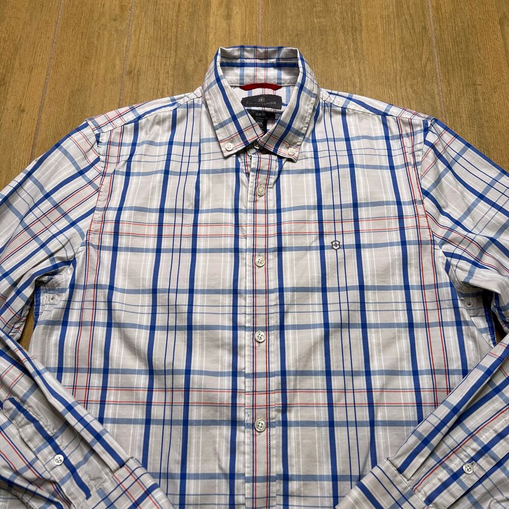 Victorinox Button Down Shirt‎ Men’s Medium Slim Fit Plaid White Blue Long Sleeve - Picture 2 of 10